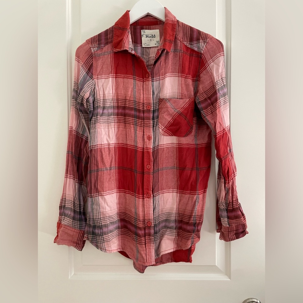 Red plaid button down flannel shirt
